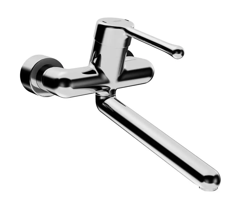 Chromfarbener Einhebelmischer mit langem Bedienungshebel, montiert an der Wand. Typisches Design von HANSA für Waschtische und Küchenanwendungen.